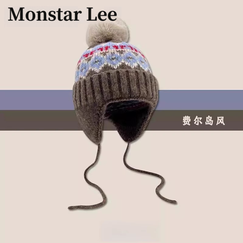 Monstar Lee费尔岛风提花球球毛线帽子女秋冬休闲学生护耳雷锋帽