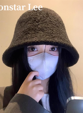 MonstarLee羊羔毛渔夫帽子女冬韩系黑色大头围水桶帽保暖防寒盆帽