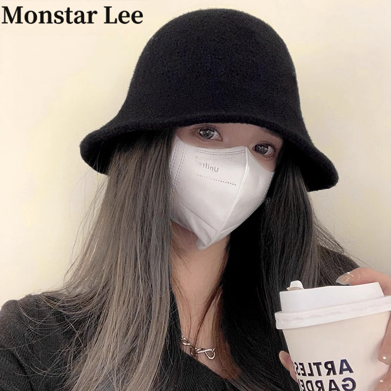 Monstar Lee显脸小纯黑色渔夫帽子女秋冬素颜短檐水桶帽毛呢盆帽