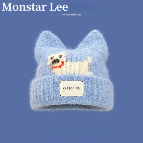 Monstar Lee可爱小狗钩花猫耳朵毛线帽女秋冬保暖蓝色显白针织帽