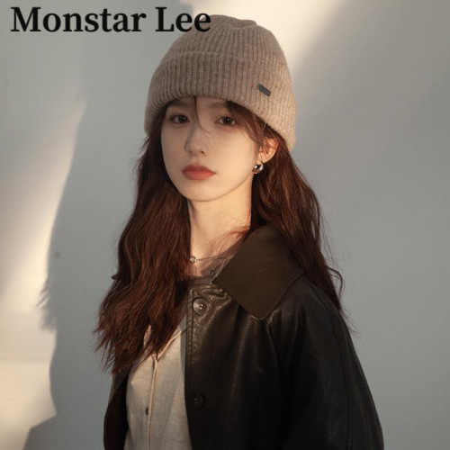 Monstar Lee日系羊毛混纺针织帽子女冬保暖大头围显脸小毛线帽男