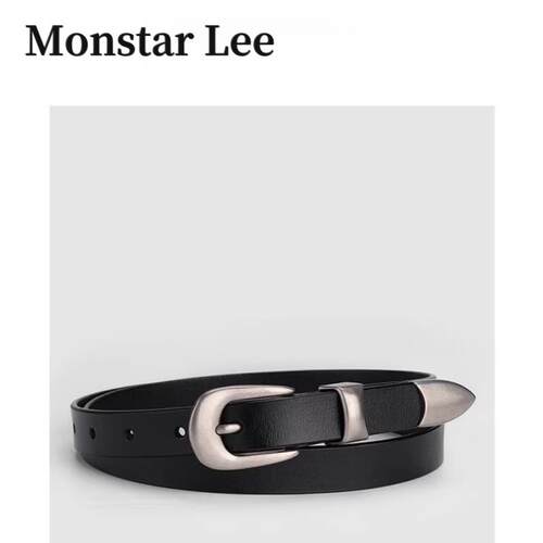 Monstar Lee皮带女真皮装饰小众实心针扣百搭配牛仔裤腰带女黑色