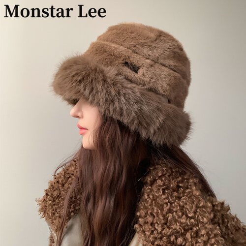 MonstarLee加厚渔夫帽女冬季毛绒帽子防寒显脸小盆帽大头围蒙古帽