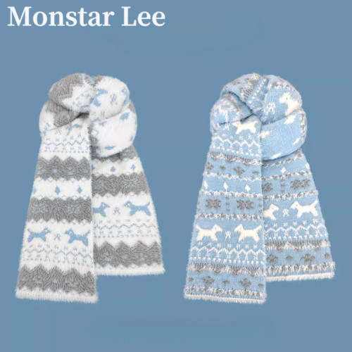 MonstarLee费尔岛风可爱猫咪双面针织围巾女秋冬保暖覆古围脖防寒