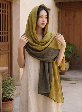 春秋冬季薄围巾女日系文艺拼色纱巾仿棉麻亚麻丝巾妈妈护颈围脖子