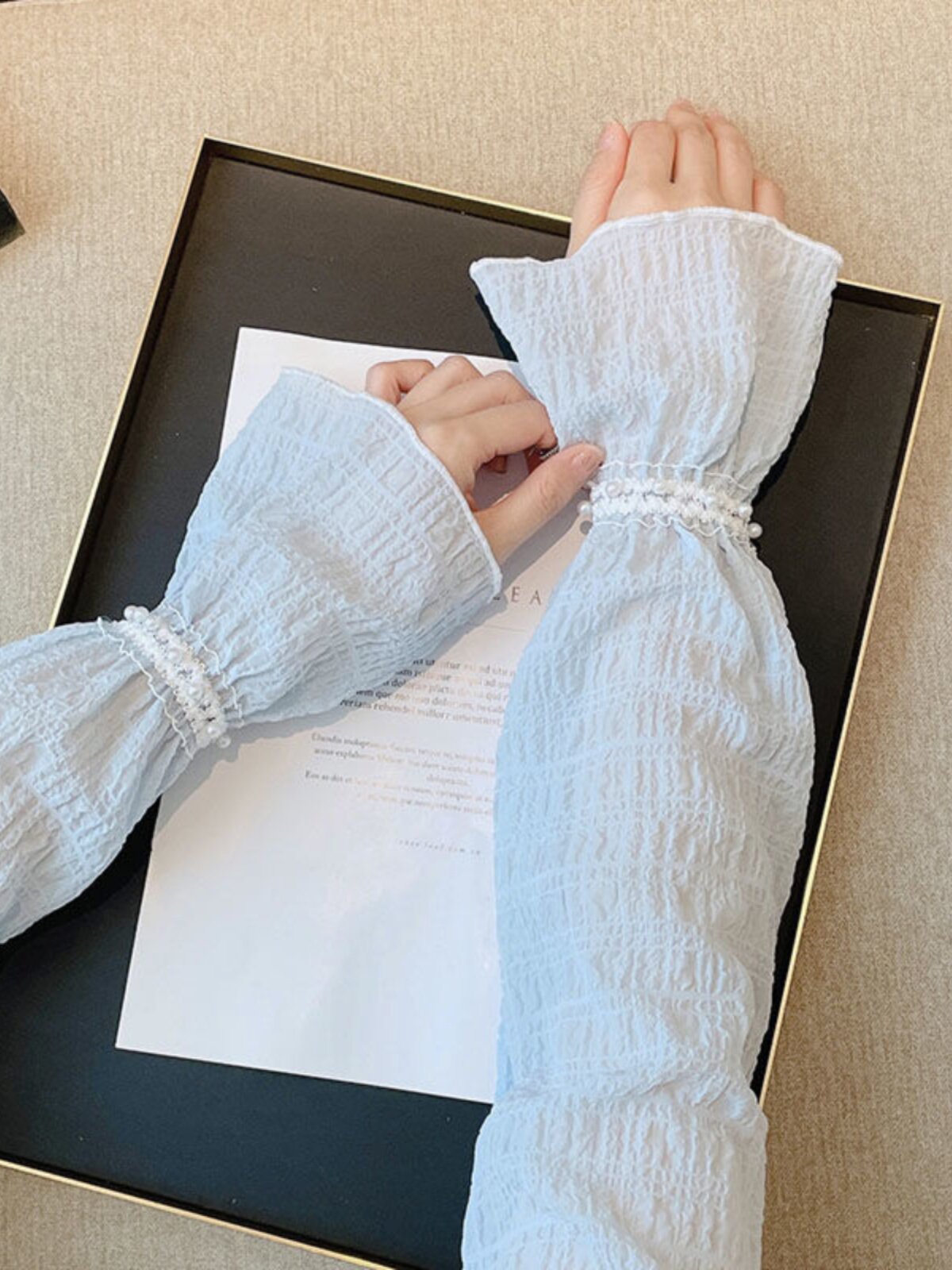SOLID COLOR SUNSCREEN SLEEVES PEARL LACE HAND SLEEVES ICE SLEEVES STUDENTS HIGH-VALUE WOMENS PLEATS ANTI-ULTRAVIOLET OUTDOOR SLEEVES