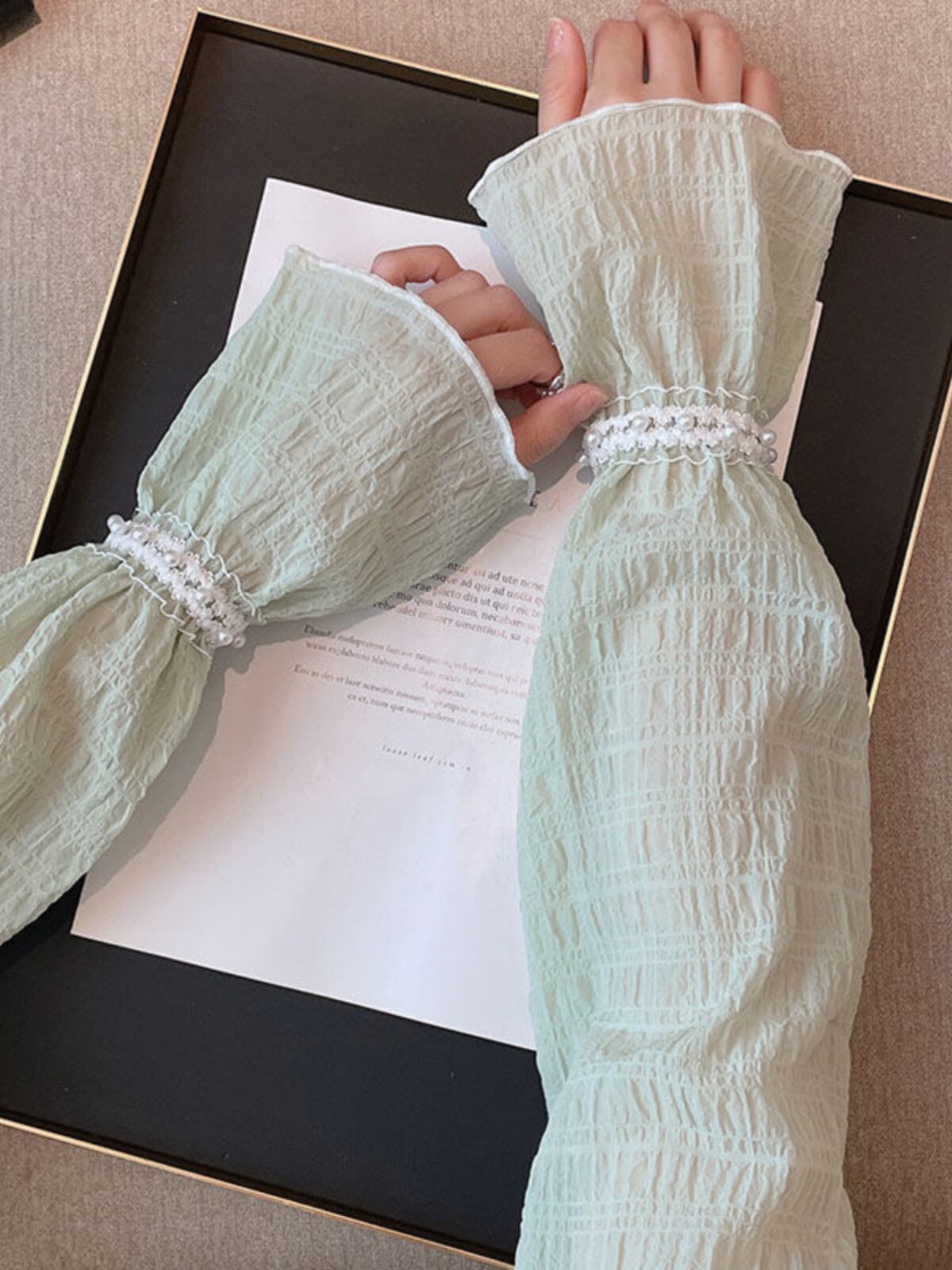 SOLID COLOR SUNSCREEN SLEEVES PEARL LACE HAND SLEEVES ICE SLEEVES STUDENTS HIGH-VALUE WOMENS PLEATS ANTI-ULTRAVIOLET OUTDOOR SLEEVES