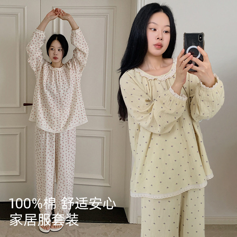春秋纯棉女士长袖家居服双层棉纱宽松透气外穿居家睡衣两件套休闲