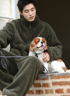 珂希卡冬季新款男士睡衣立领拉链套装珊瑚绒加厚保暖宽松家居服