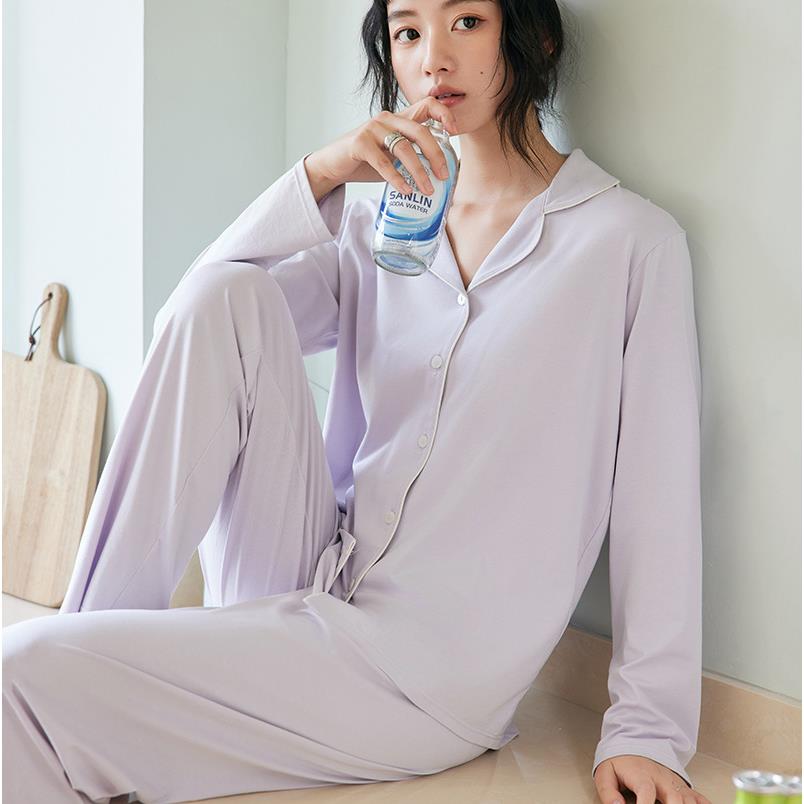 2025秋季新款桑蚕丝家居服女纽扣宽松长袖睡衣纯色外穿翻领套装