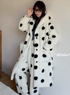 caca冬季加绒加厚连帽睡衣女套装波点条纹保暖珊瑚绒睡袍家居服