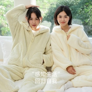 连帽慵懒家居服冬 加绒加厚保暖拉链套装 829珊瑚绒新款 睡衣女冬季