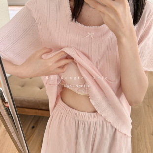 带胸垫2026睡衣夏季新款女纯棉短袖睡衣女夏木耳边防走光家居服