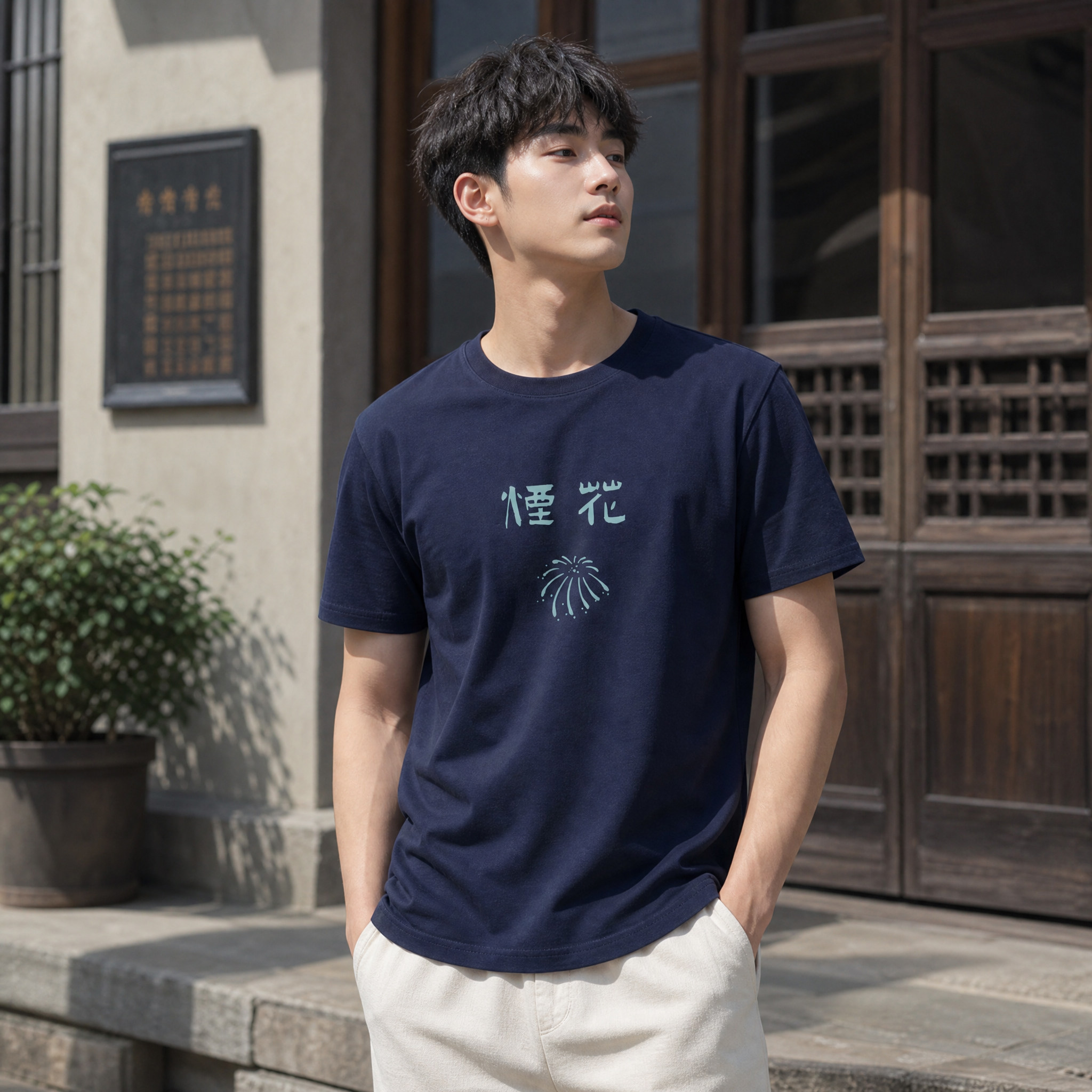 木易云创 烟花 原创简约印花短袖t恤男重磅正肩t恤设计感薄软纯棉