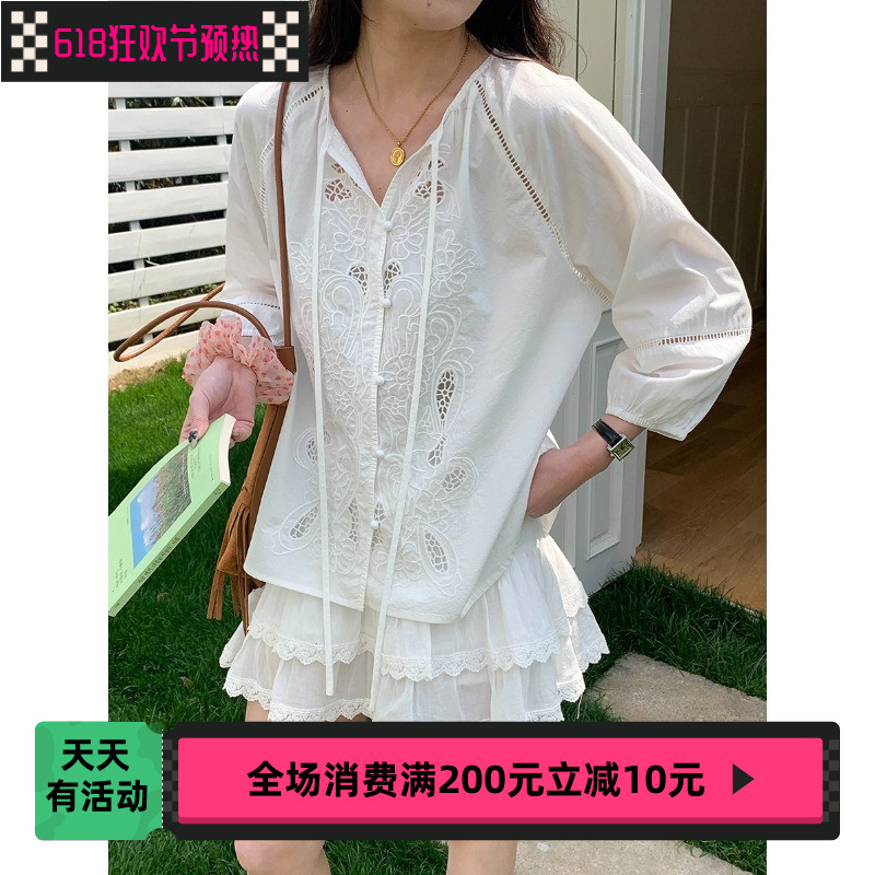 【白夜】 南法春日 度假風(fēng)山茶花鏤空刺繡襯衫全棉ZY2963
