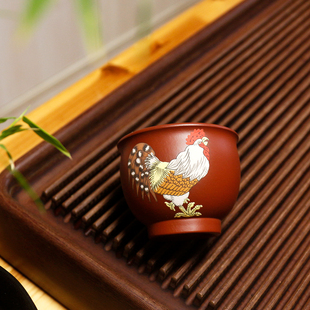 大红袍朱泥大吉大利公鸡主人杯子紫砂手工泥绘生肖品茗杯茶具精品