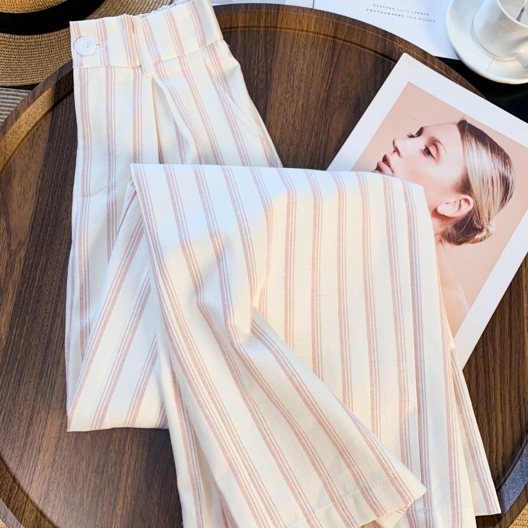 2026春季粉色条纹休闲裤女小个子新款高腰垂感直筒西装裤,女装/女士精品,休闲裤,淘宝优惠券,粉丝福利购,淘宝优惠卷