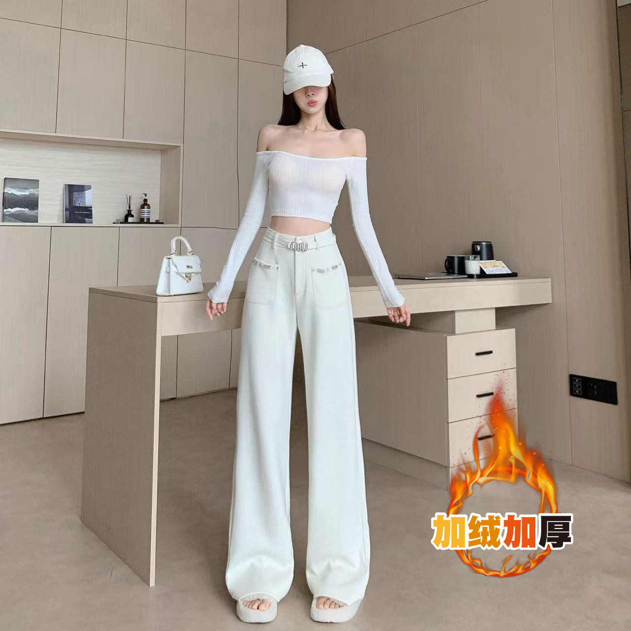 高级感米色加绒阔腿裤女2025秋冬新款重工钉钻高腰显瘦休闲拖地裤