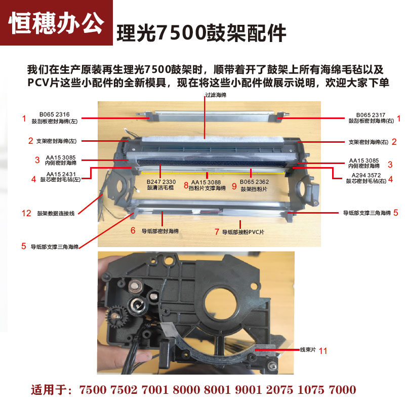 理光7500鼓架海绵1075 2075 7001 7502 8000连接线9001挡粉片毛毡图片