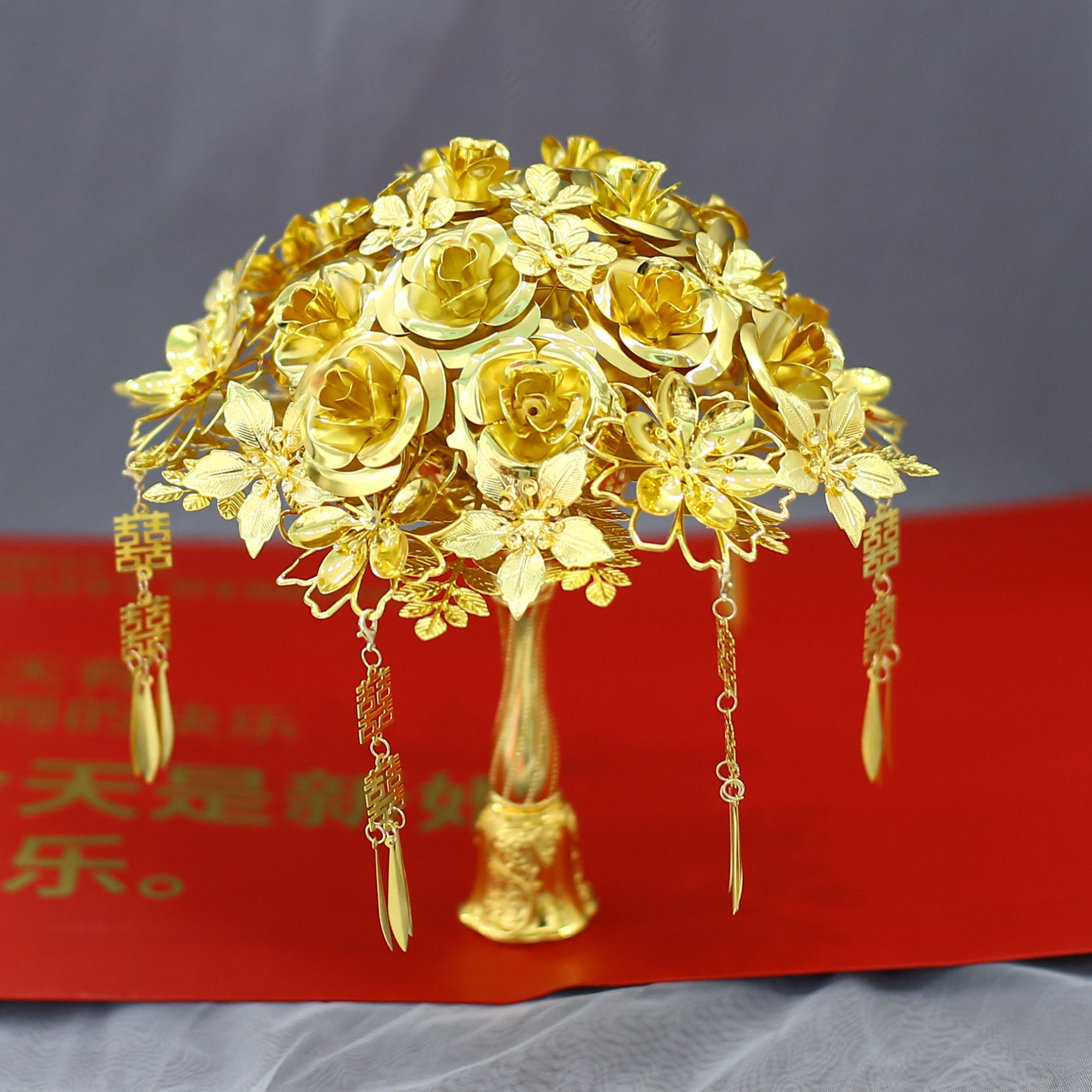 新娘闺蜜结婚仿金高级重工精致仿金色玫瑰花成品DIY黄金色手捧花