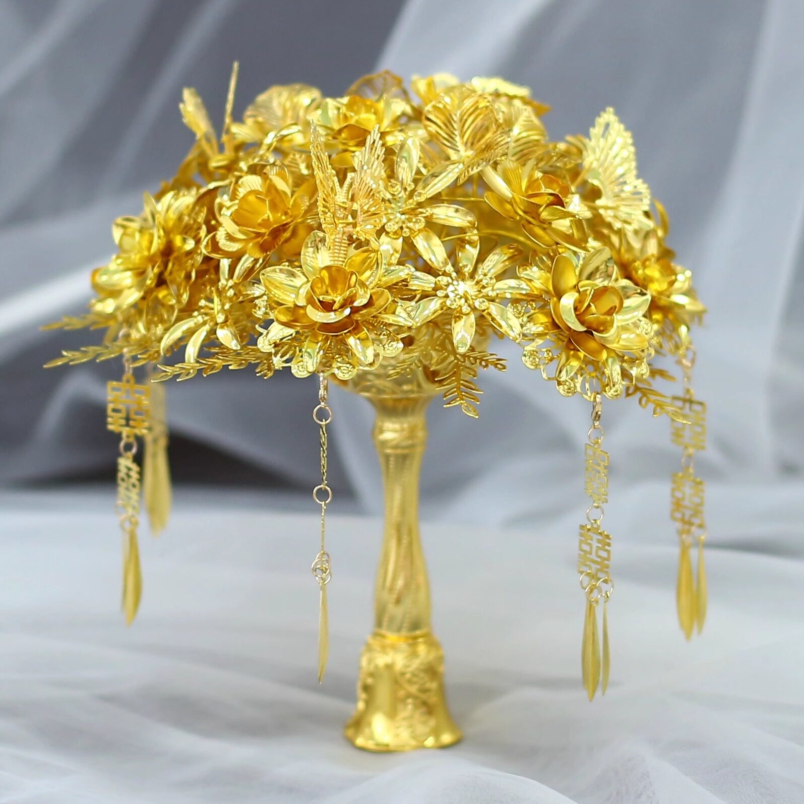 中式新娘结婚仿金高级重工精致仿金色成品DIY蝴蝶金色花朵手捧花