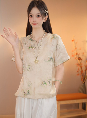 【青山云隐】新中式国风双面穿小衫提花复古夏季女薄款七分袖衬衫