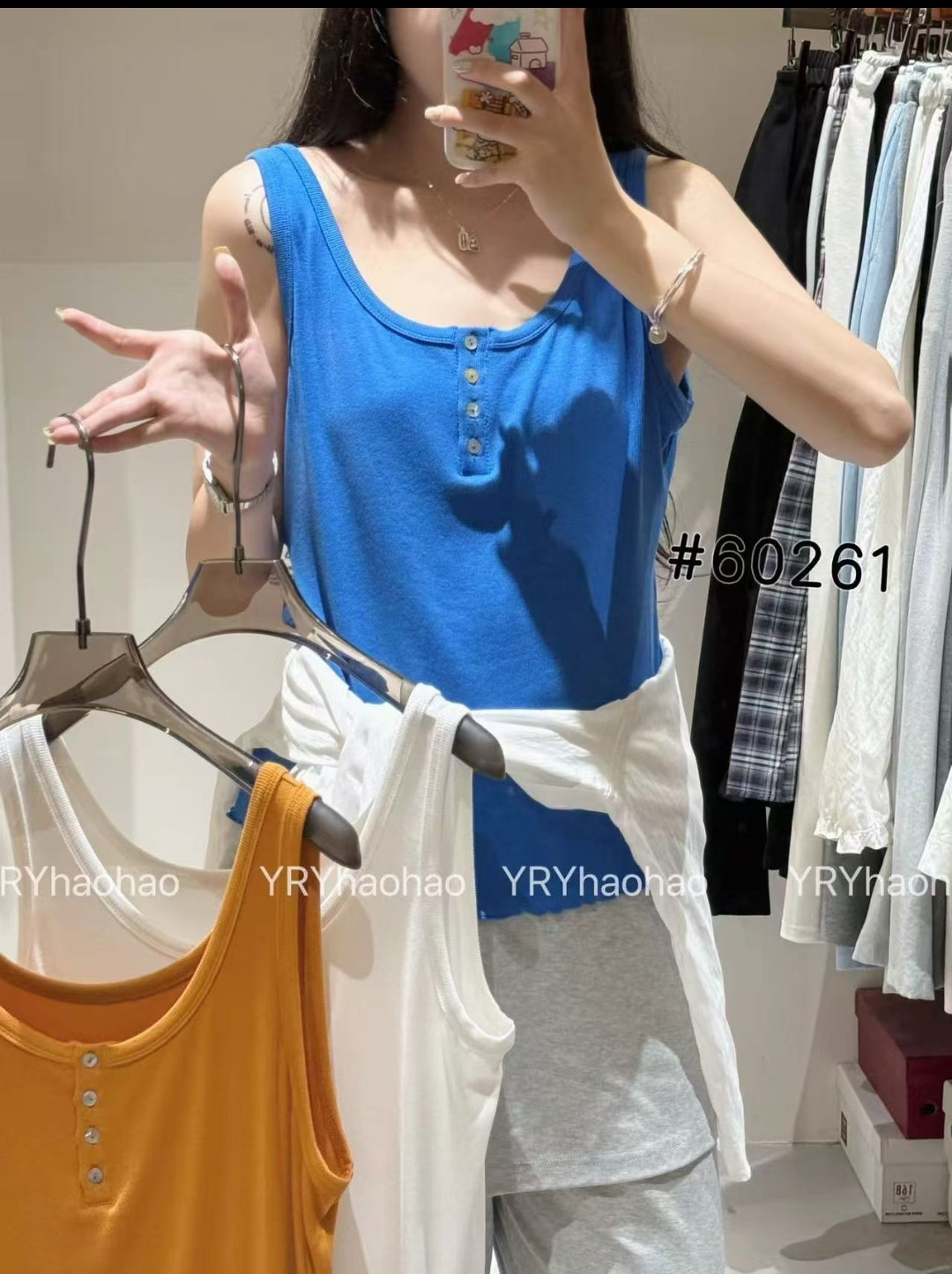 2026好好家新款大码女装糖果色螺纹针织带扣子背心打底上衣