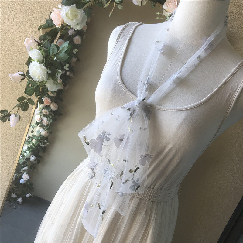 软网纱 灰蓝色 小蔷薇立体花朵刺绣腰带 甜美蕾丝飘带 装饰丝巾