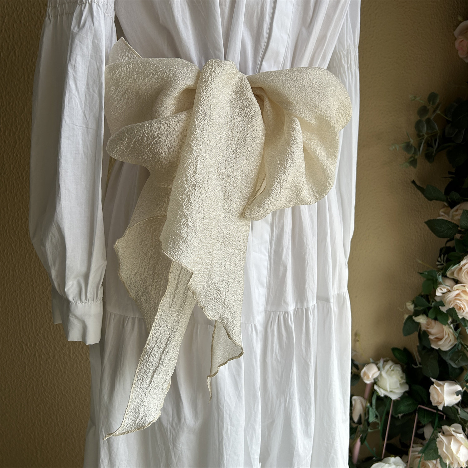 杏色黑色30X210cm加宽版珠光纱腰带 超大蝴蝶结收腰百搭纱巾飘带