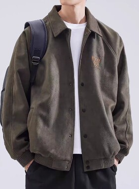 灰绿色鹿皮绒翻领棒球服男士宽松春秋季潮牌重磅保暖夹克外套复古