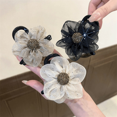高颜值网纱水钻花朵太阳花抓夹2024新款马尾丸子头抓夹气质百搭女