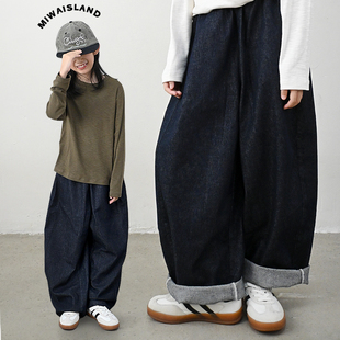 米花之岛原创秋季亲子不褪色牛仔弯月经典原色长裤儿童休闲牛仔裤