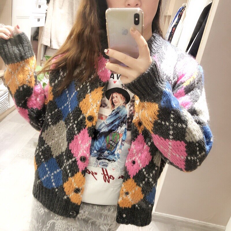 yoyo Love Shop Korea 2019 Autumn Geometry lattice Diamond Color matching knitting Cardigan coatin the Women's clothing/Boutique , Wool sweater  category - from Buy2taobao.com to provide professional Taobao agent buy service