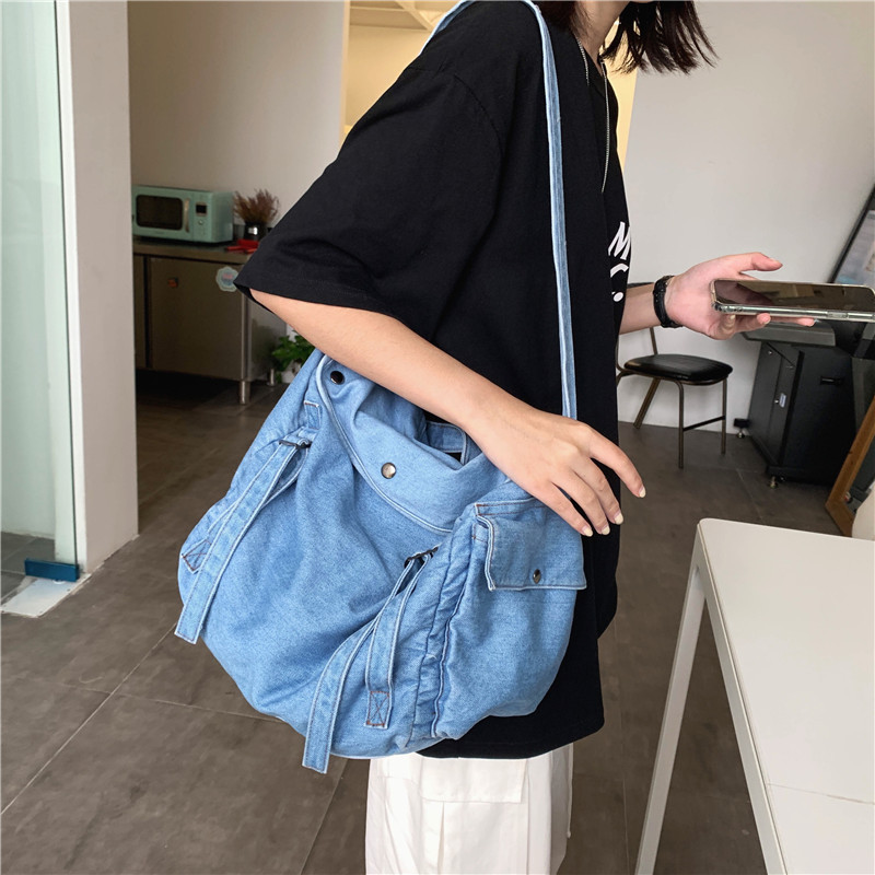 牛仔帆布包ins日系原宿工装风女包韩国简约纯色学生单肩斜挎包女