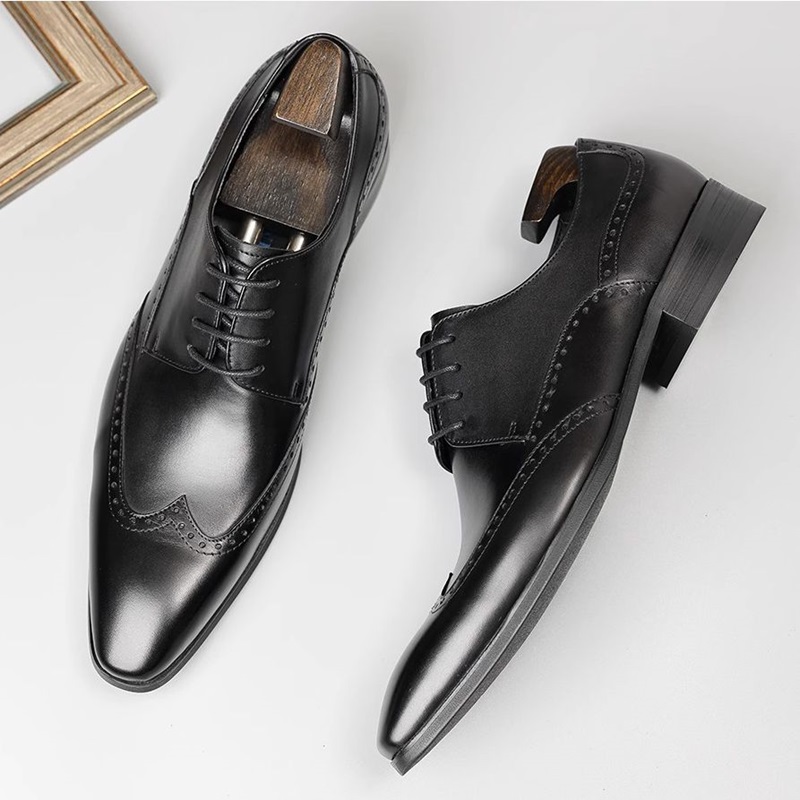 布洛克雕花男士真皮尖头皮鞋