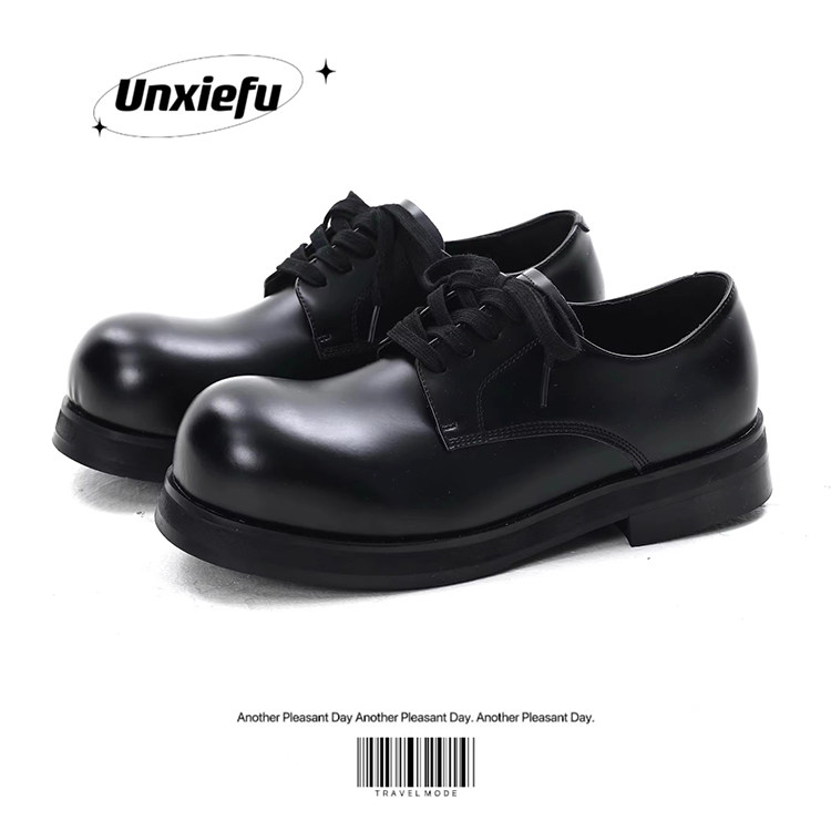 圆头德比鞋牛皮厚底增高皮鞋5CM