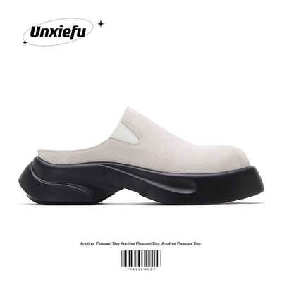 反绒皮德比半拖男厚底无后跟款时尚小众设计休闲外穿包头拖鞋潮流