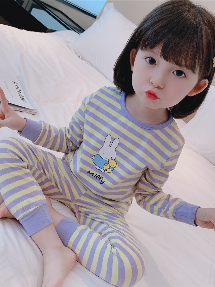 GIRLS STRIPED AUTUMN CLOTHES AND AUTUMN PANTS SET COTTON SPRING AND AUTUMN WINTER BABY GIRL UNDERWEAR TWO-PIECE SET CHILDRENS HOME WEAR TIDE