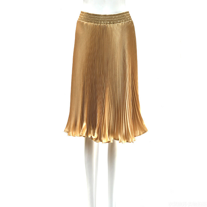 新款皺褶過膝中裙光澤色仿綢面料百褶半身裙金色經典百搭款 超值在類目 女裝/女士精品, 半身裙中 - 來自Buy2taobao.com提供專業的淘寶代購服務