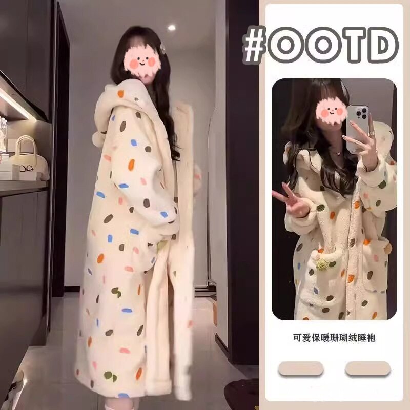 睡衣女少女彩色波点连帽新款睡袍