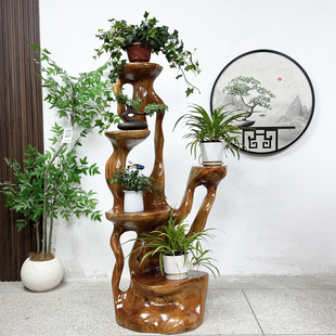 根雕花架实木树根香樟木天然木雕底座客厅落地摆件博古架根艺