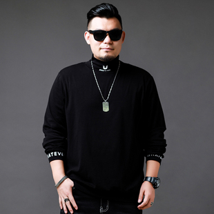 印花春秋薄款 T恤男肥佬休闲打底衫 加肥加大上衣 高领长袖 胖子大码