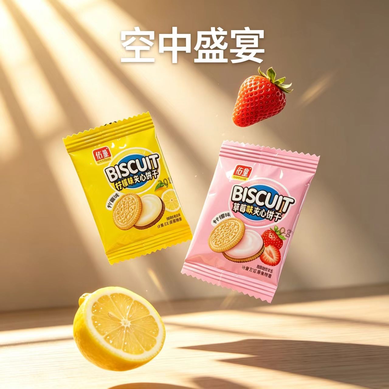 柠檬草莓夹心饼干厂家直供混合果香夹心点心散装儿童充饥小零食