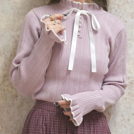 日单潮牌甜美前后2way亮粉针织套头衫 仅2件