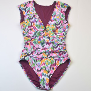 连体泳衣女显瘦度假泳装 设计师品牌BLEU新款 V领大码 印花短袖 时尚