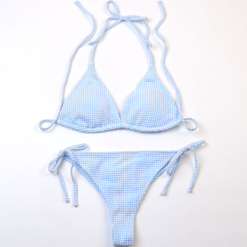 澳洲品牌RO**华夫格纹理比基尼度假海边bikini挂脖三角系带泳衣