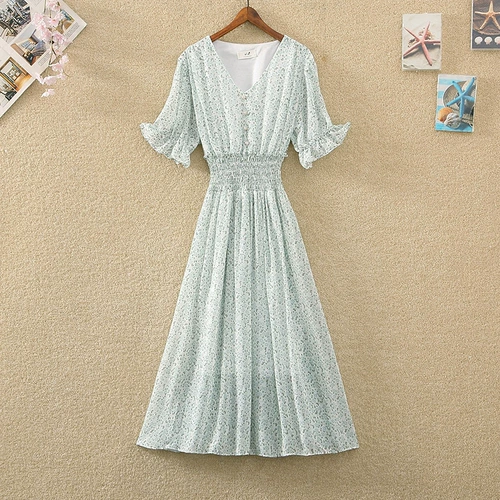 Летняя юбка, мегафон, шифоновое платье, в цветочек, V-образный вырез, эластичная талия