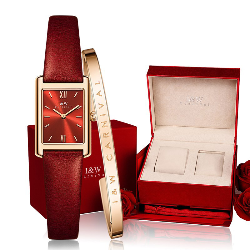 爱沃驰品牌女士手表真皮表带蓝宝石方形手表女时尚超薄女表石英表