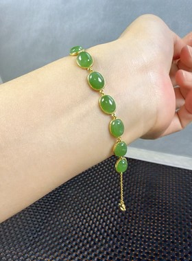 天然和田玉碧玉蛋面手链925银镶阳绿色碧玉蛋面手链女款新年礼物