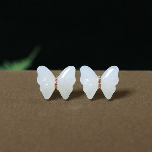 天然和田玉白玉蝴蝶耳钉18K金镶白玉蝴蝶吊坠女款百搭礼物送女友